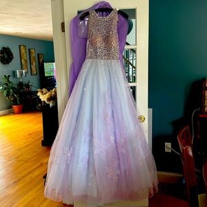 Gorgeous evening gown. Light blue & purple w rhinestone top and floral details.
